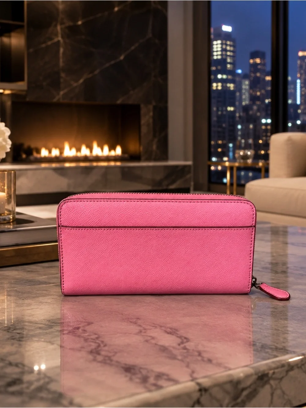 Coach Pink Zip-Around Leather Wallet with Gun Metal